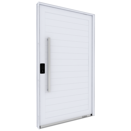 Porta aluminio pivotante lambri com puxador e fechadura digital