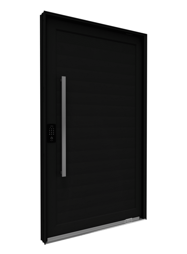 Porta de Alumínio Pivotante Lambri Preta com Puxador de 1metro e Fechadura Digital 225×130 – Lucasa Eccllente