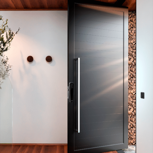 Porta de Alumínio Pivotante com Puxador de 1,2M e Fechadura Digital - 268x130 - Lucasa Eccellente